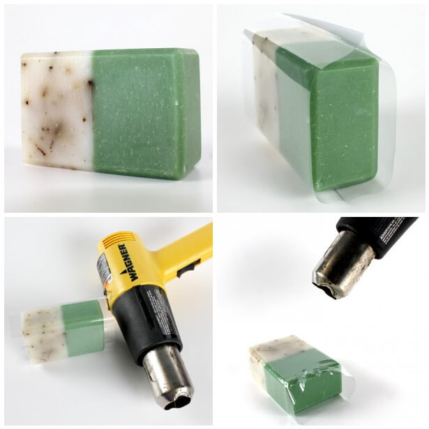 Shrink wrapping rosemary scented, green and white cold process soap.