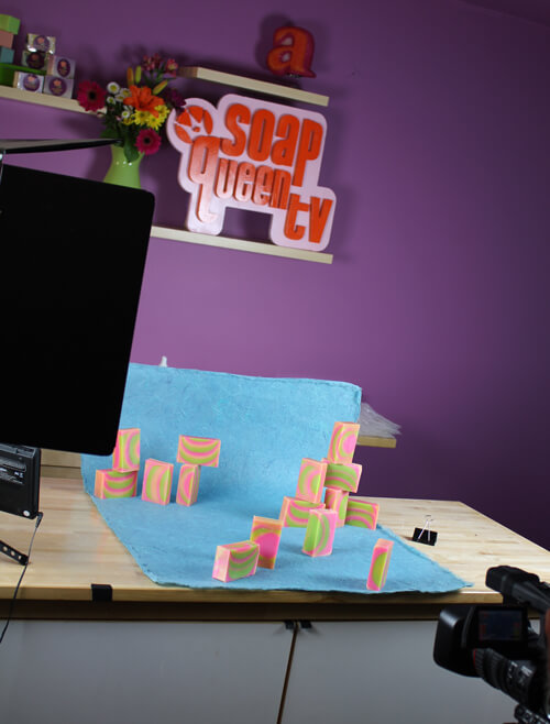 Filming Beauty shots of the finished soap for the funnel pour project on Soap Queen TV